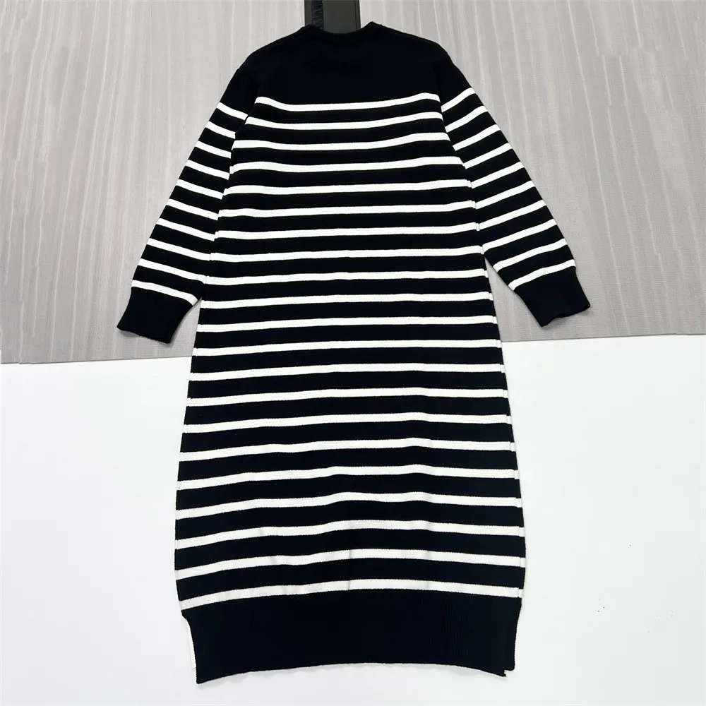 Customizable Women's Black & White Striped Knit Dress: Mock Neck, Midi-Length, Retro-Casual Design