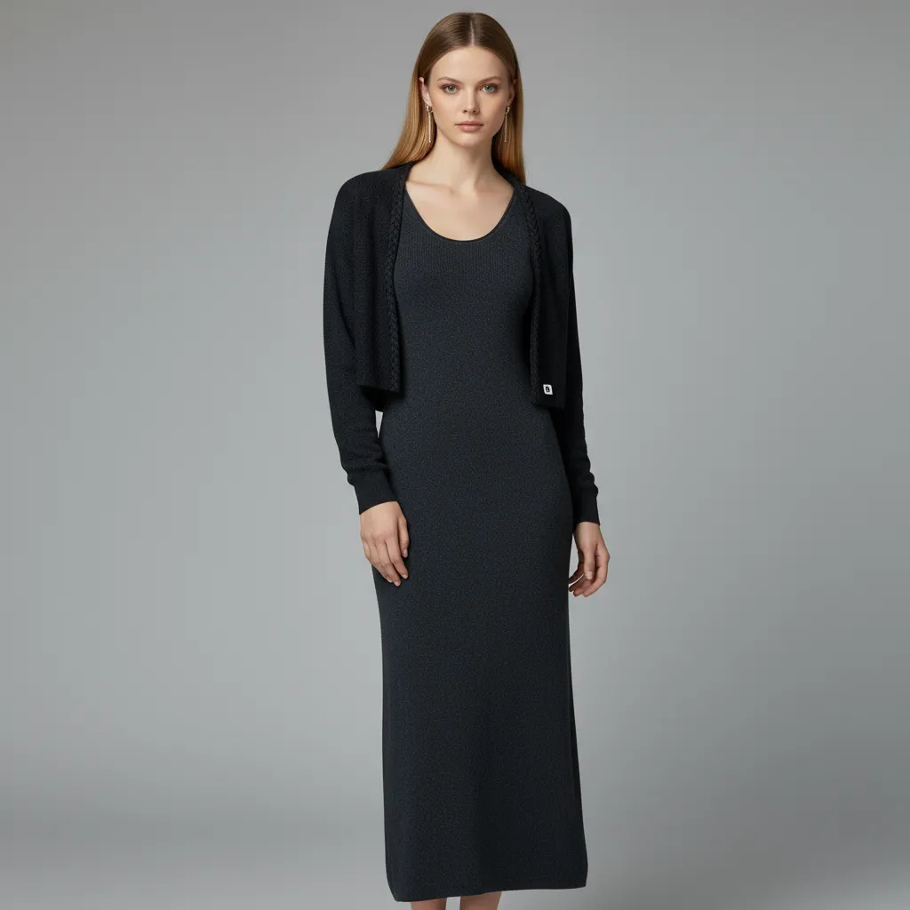 Customizable Women's Gray Knit Dress Set: Sleeveless Maxi + Cropped Cardigan, Elegant 2-Piece Design