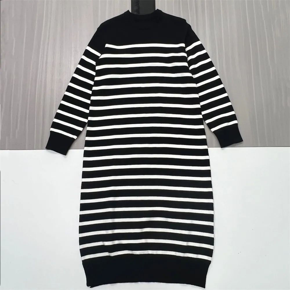 Customizable Women's Black & White Striped Knit Dress: Mock Neck, Midi-Length, Retro-Casual Design