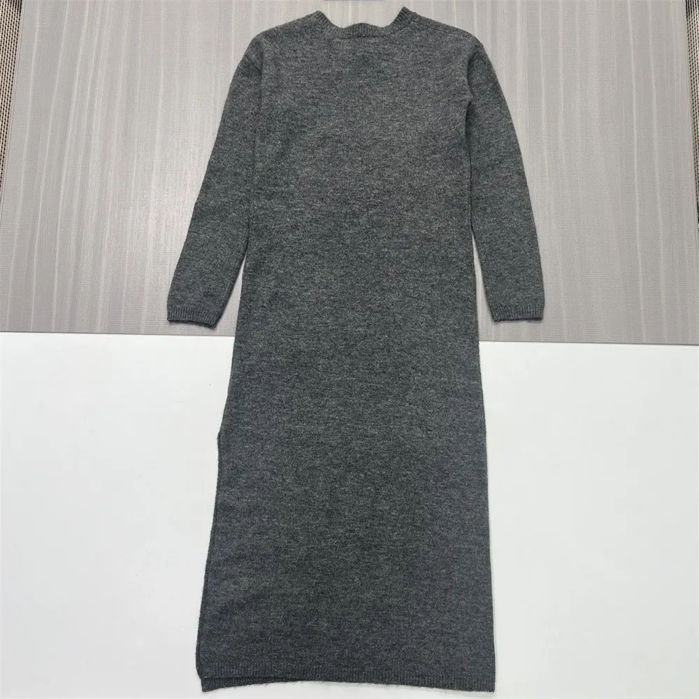 Customizable Women's Gray Knit Maxi Dress: Crew Neck, Slit Detail, Minimalist Casual Design