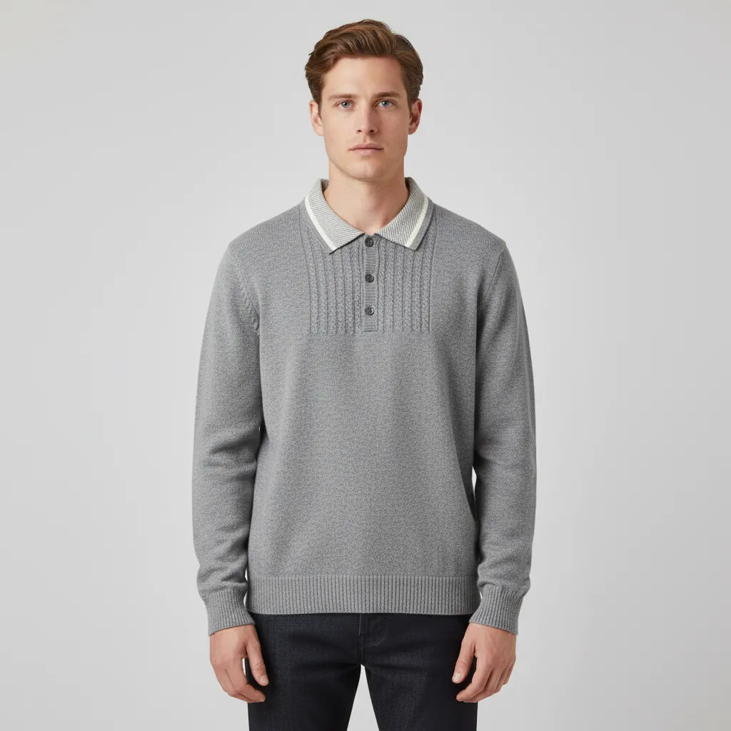 Men's Heather Gray Knit Polo: Contrast Collar, Cable-Knit Detail, Classic Casual