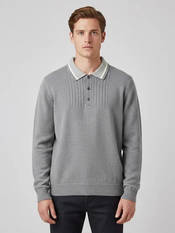 Men's Heather Gray Knit Polo: Contrast Collar, Cable-Knit Detail, Classic Casual