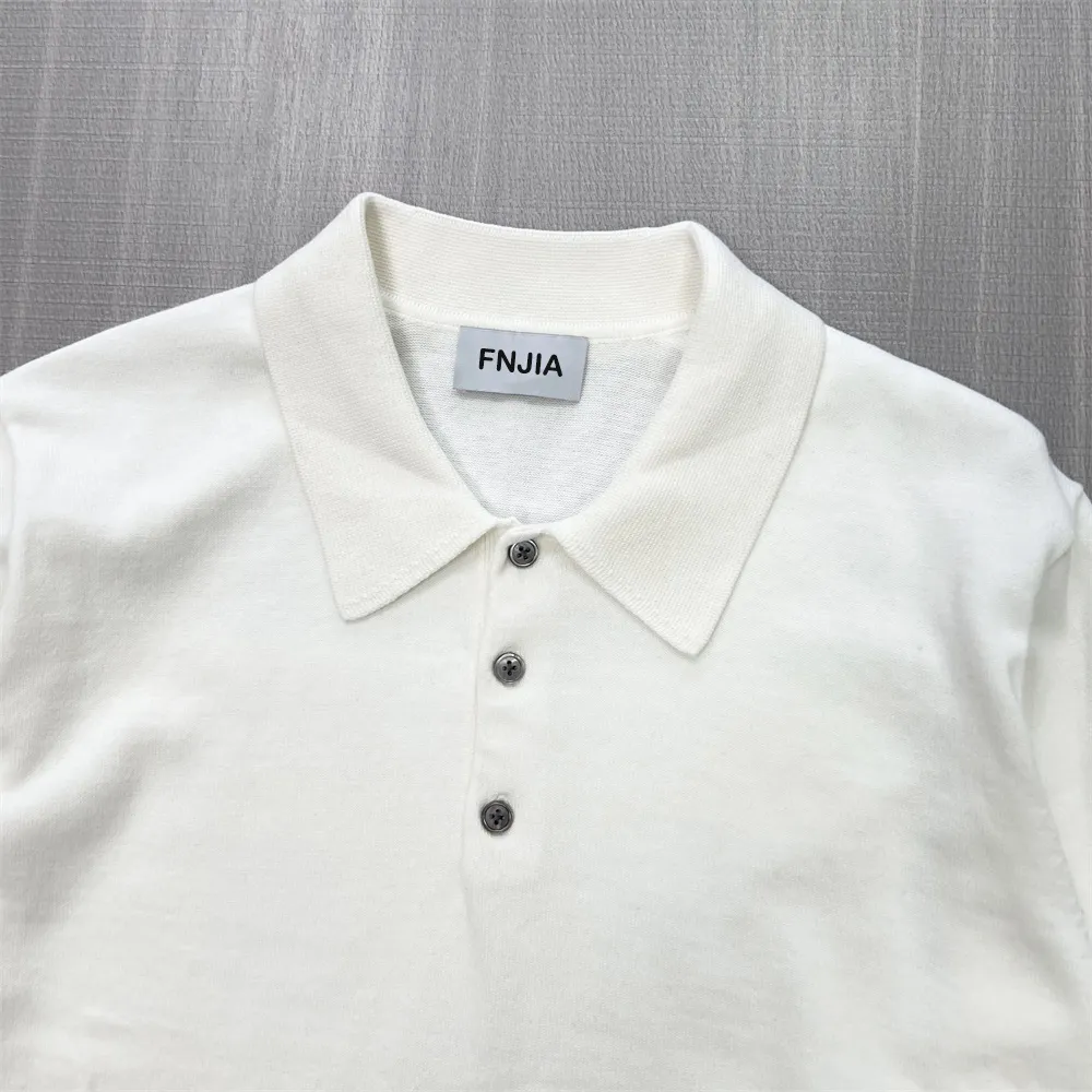 Men's Cream White Knit Polo: Long-Sleeve, Ribbed Texture, Modern Casual