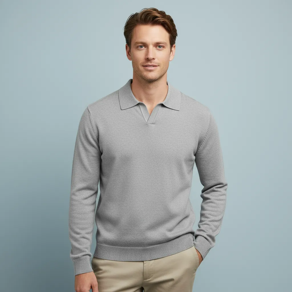 Men's Heather Gray Knit Polo: V-Neck Collar, Long-Sleeve, Timeless Casual