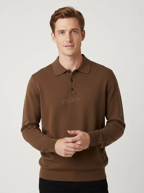 Men's Warm Brown Knit Polo: Long-Sleeve, Button Placket, Refined Casual