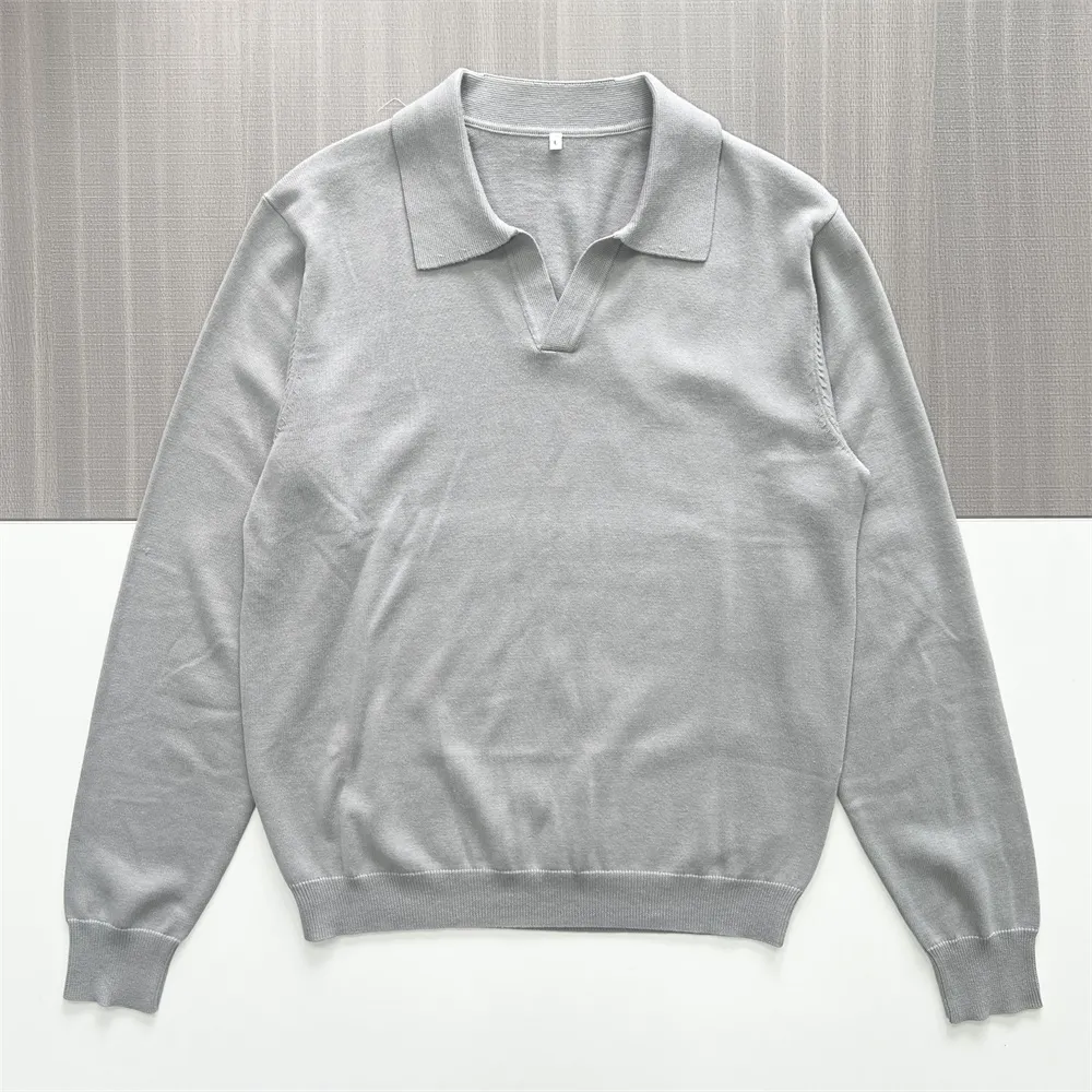 Men's Heather Gray Knit Polo: V-Neck Collar, Long-Sleeve, Timeless Casual