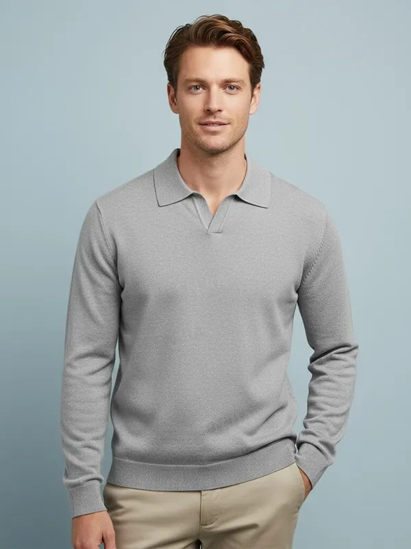 Men's Heather Gray Knit Polo: V-Neck Collar, Long-Sleeve, Timeless Casual