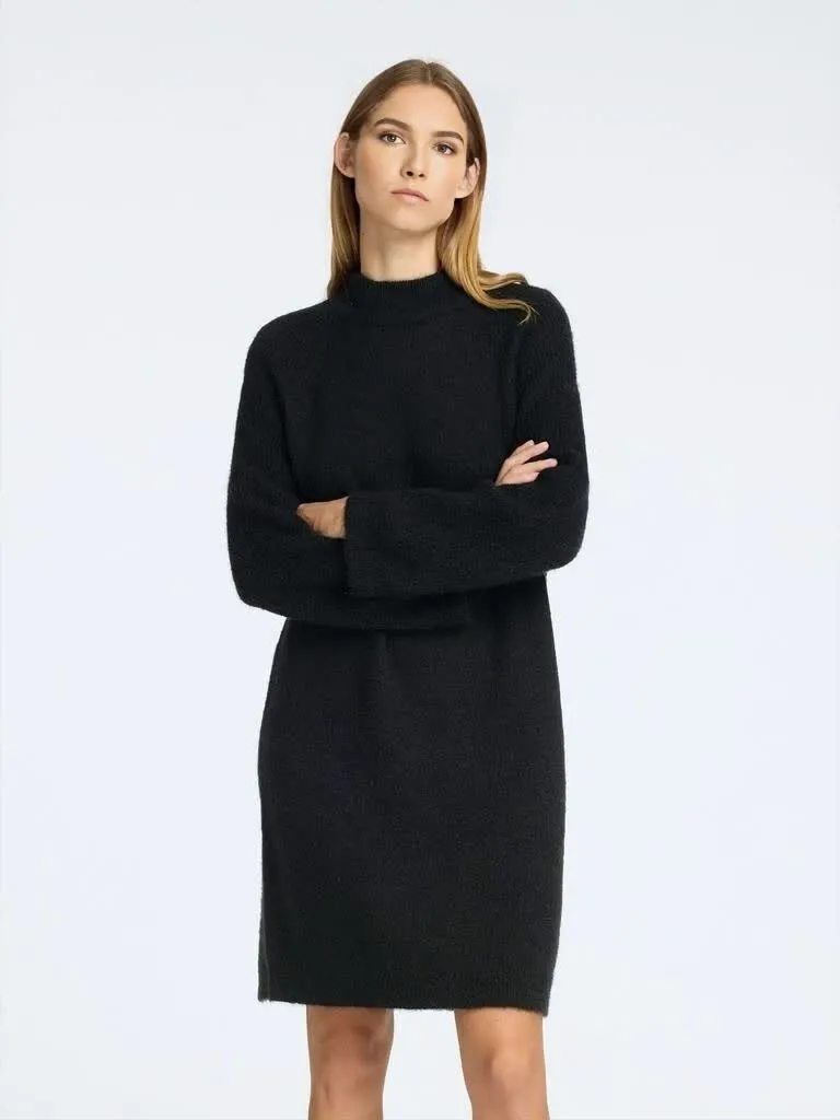 Customizable Women's Black Textured Knit Dress: Mock Neck, Relaxed-Fit, Modern Casual Design