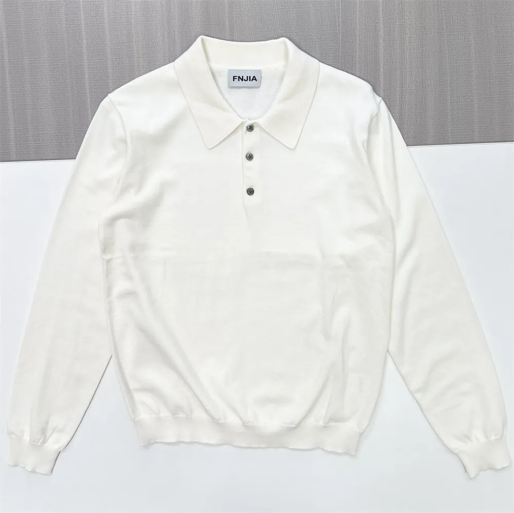 Men's Cream White Knit Polo: Long-Sleeve, Ribbed Texture, Modern Casual