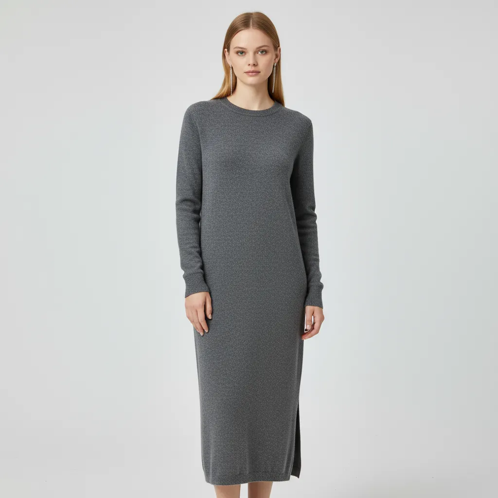 Customizable Women's Gray Knit Maxi Dress: Crew Neck, Slit Detail, Minimalist Casual Design