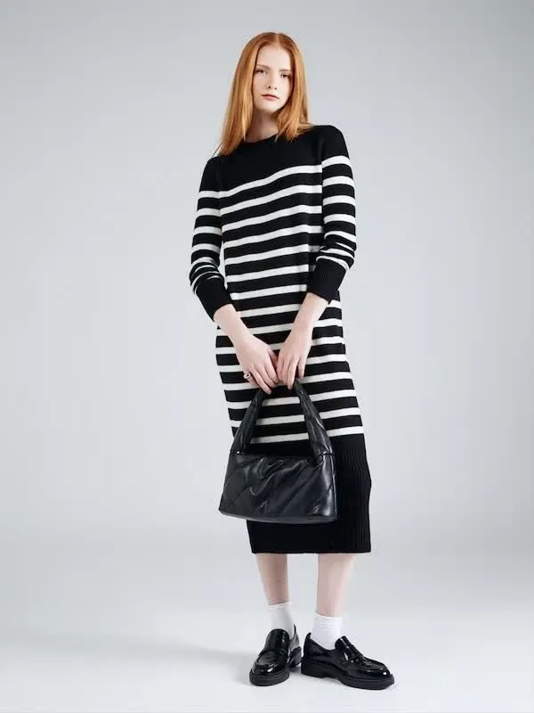 Customizable Women's Black & White Striped Knit Dress: Mock Neck, Midi-Length, Retro-Casual Design