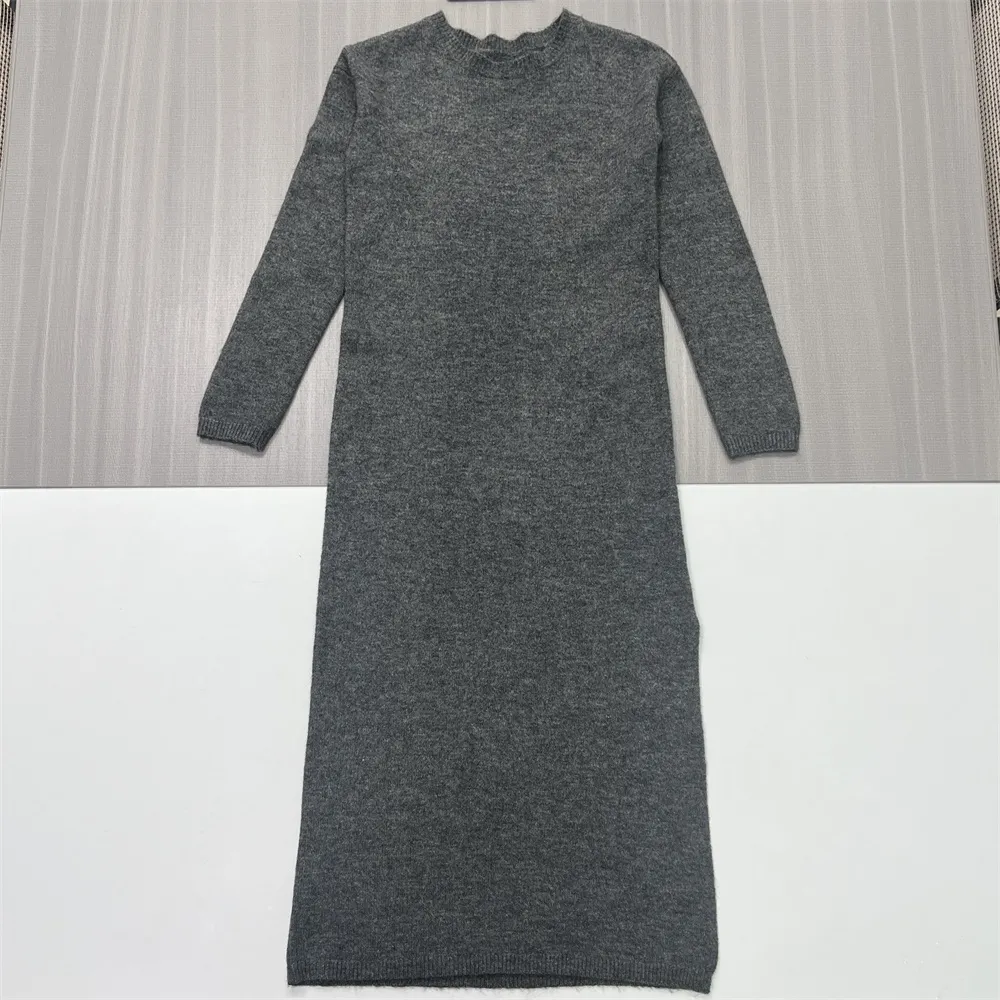 Customizable Women's Gray Knit Maxi Dress: Crew Neck, Slit Detail, Minimalist Casual Design
