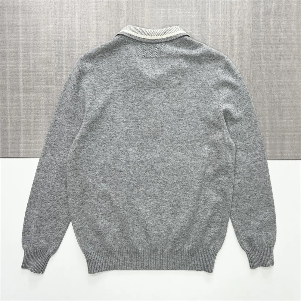 Men's Heather Gray Knit Polo: Contrast Collar, Cable-Knit Detail, Classic Casual