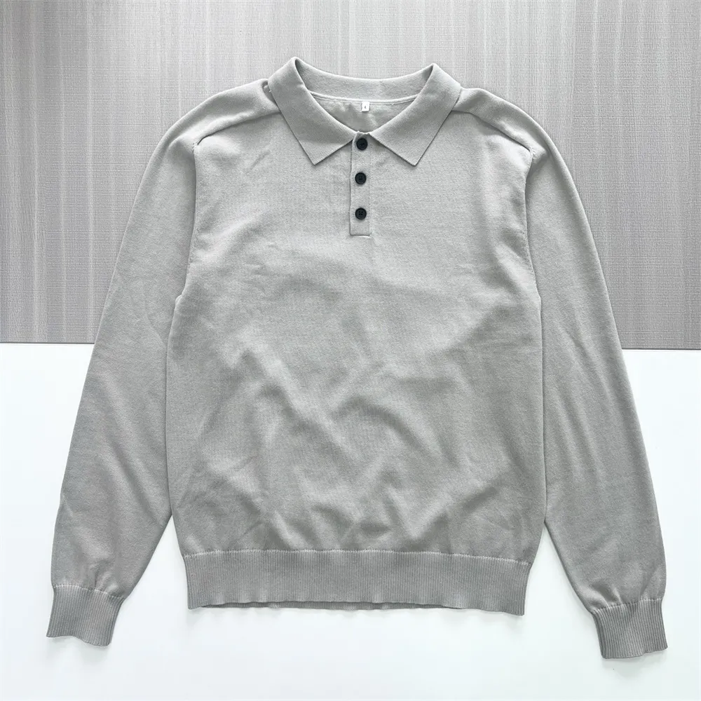Men's Light Gray Knit Polo: Long-Sleeve, Contrast Buttons, Minimalist Casual
