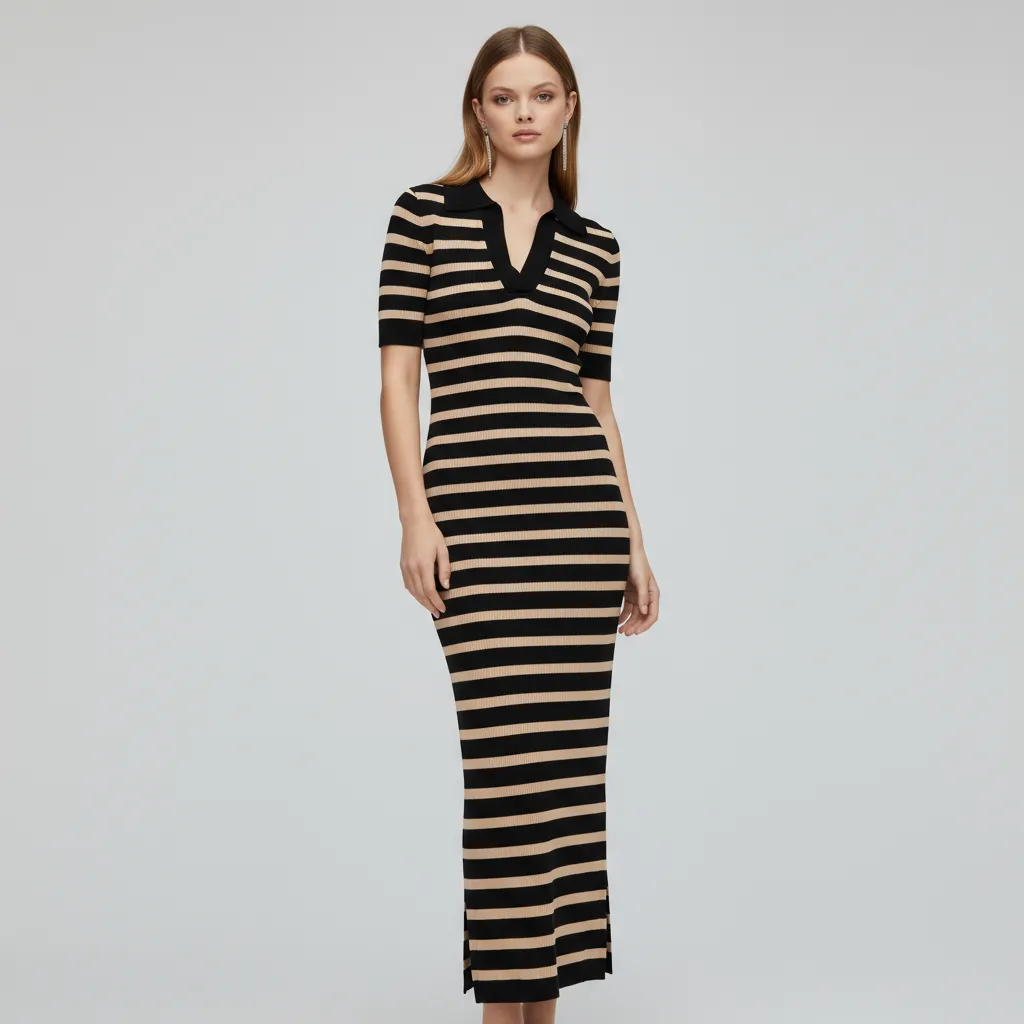 Women's Black & Camel Striped Polo Maxi Dress: Slim-Fit, Short-Sleeve, Retro-Casual Design