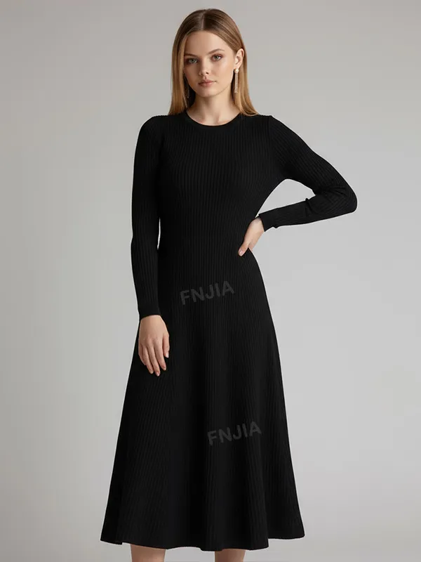 Women's Black Ribbed Knit Midi Dress: Long-Sleeve, Flared Silhouette, Elegant Casual Design