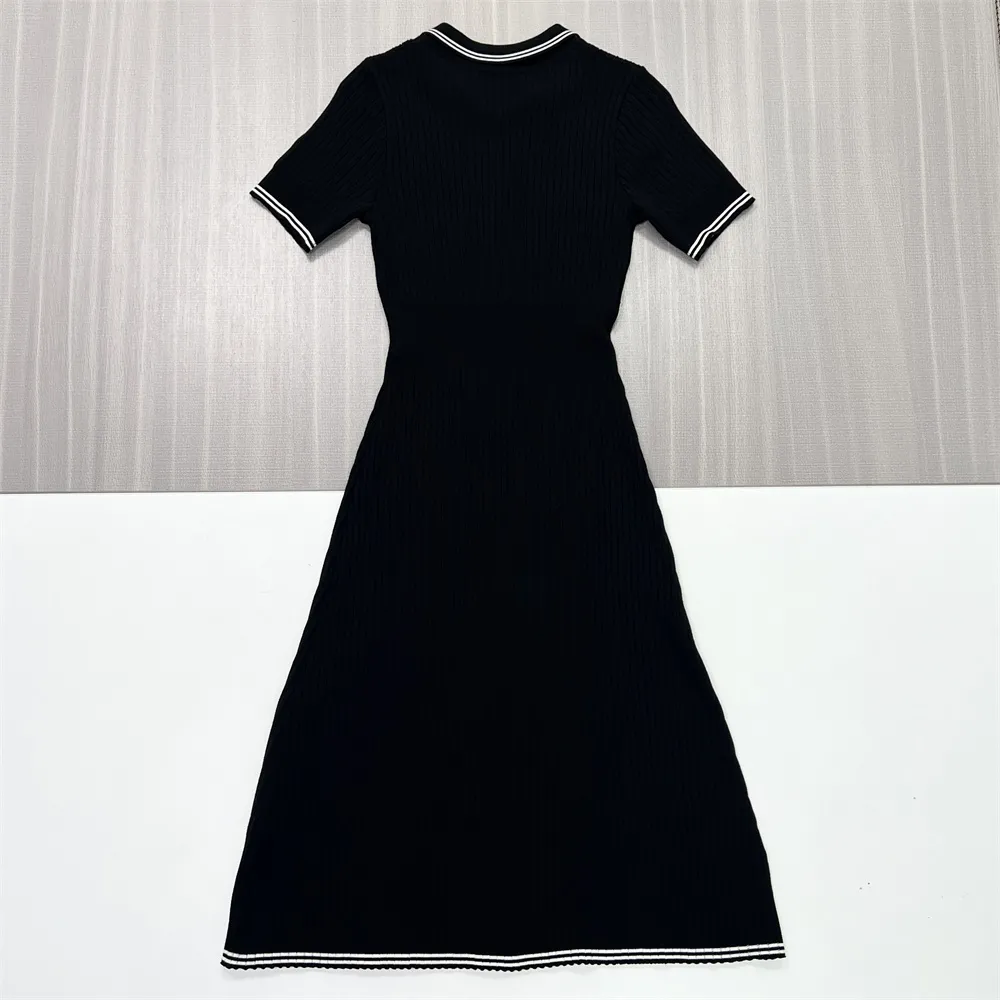 Women's Black Ribbed Midi Dress: Polo Collar, Pearl Buttons, Nautical-Casual Design