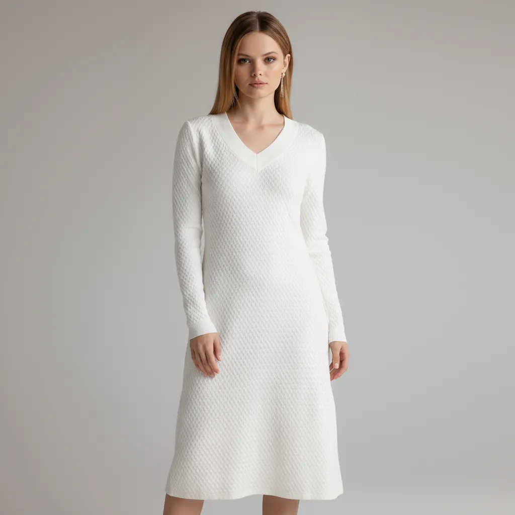Women's White Textured Knit Midi Dress: V-Neck, Long-Sleeve, Minimalist Elegant Design