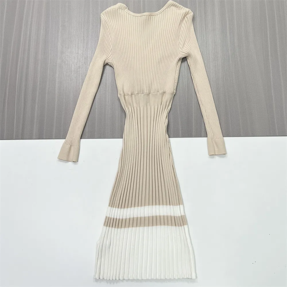 Women's Beige Color-Block Ribbed Knit Dress: V-Neck, Fitted Midi, Modern Elegant Design