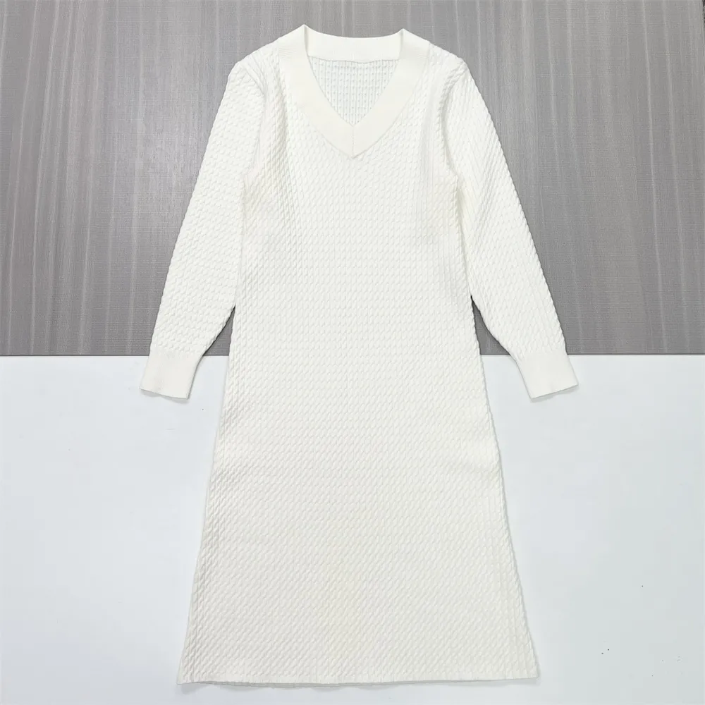 Women's White Textured Knit Midi Dress: V-Neck, Long-Sleeve, Minimalist Elegant Design