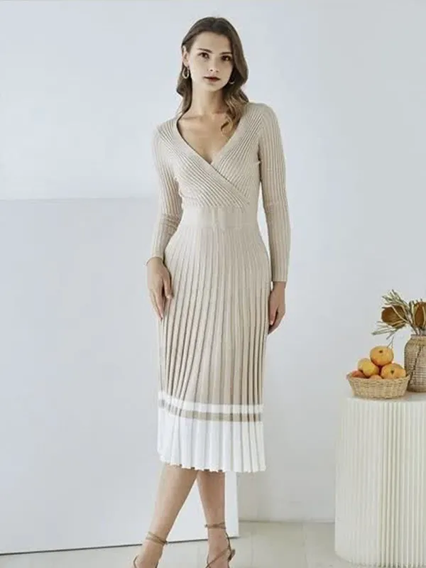 Women's Beige Color-Block Ribbed Knit Dress: V-Neck, Fitted Midi, Modern Elegant Design