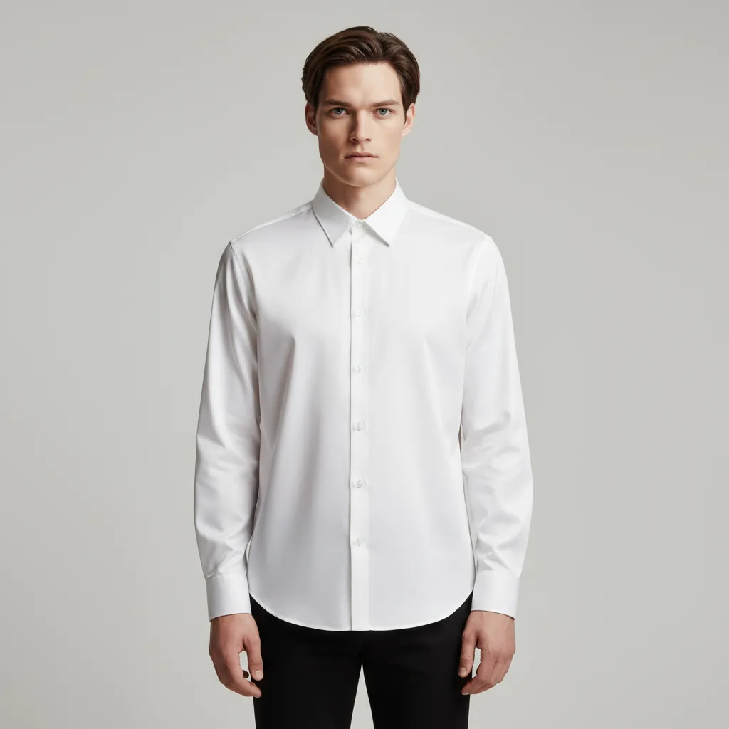 Men's White Silky Long-Sleeve Shirt: Smooth Fabric, Polished Formal-Casual Design