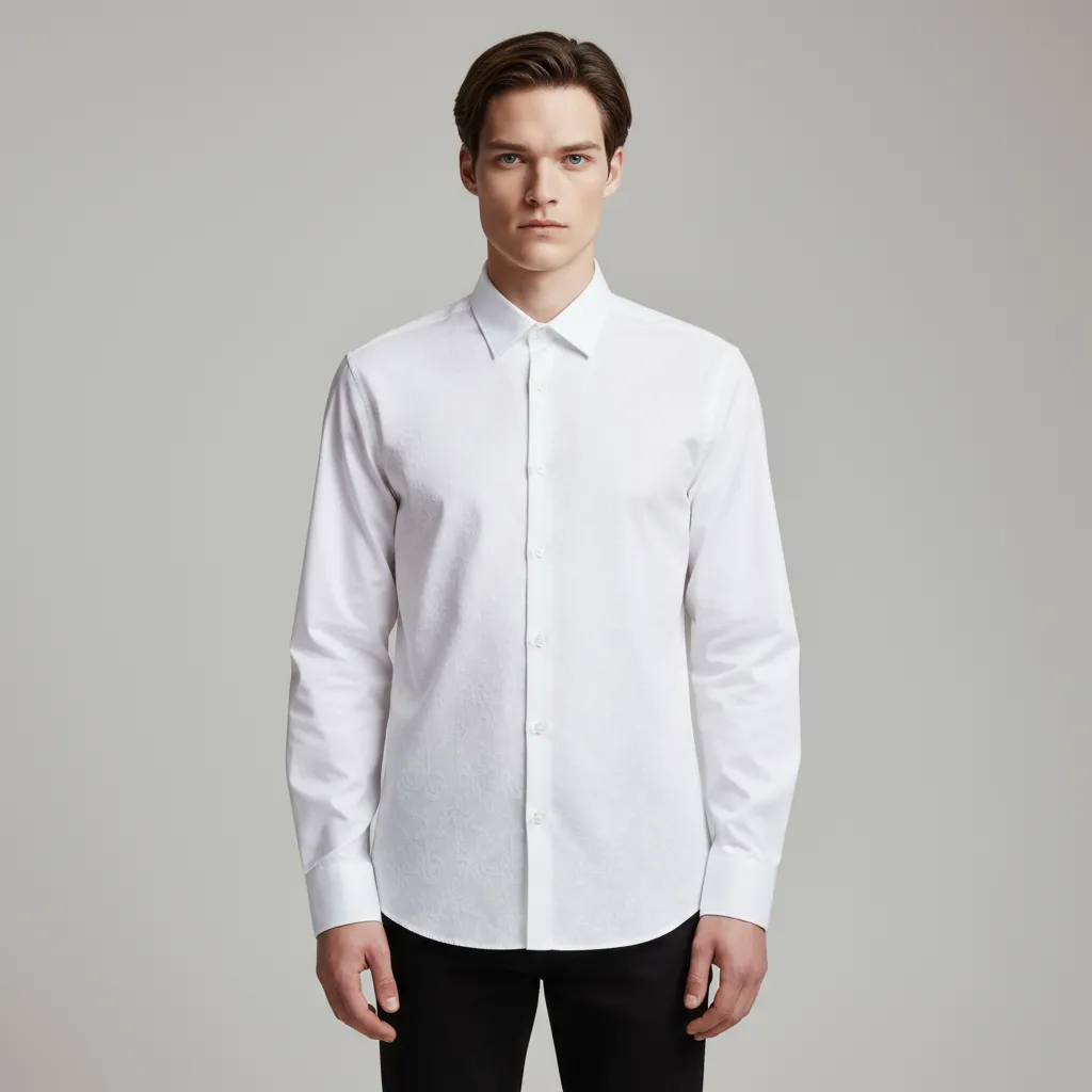 Men's White Textured Long-Sleeve Shirt: Minimalist, Versatile Formal-Casual Design