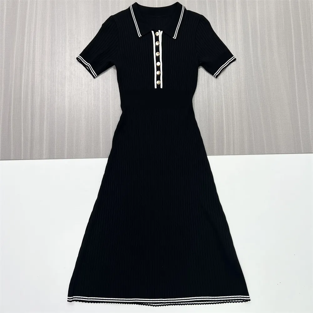 Women's Black Ribbed Midi Dress: Polo Collar, Pearl Buttons, Nautical-Casual Design