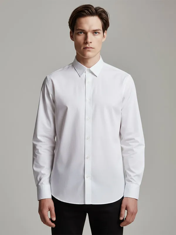 Men's White Formal Shirt: Long-Sleeve, Minimalist Design, Versatile Office Wear