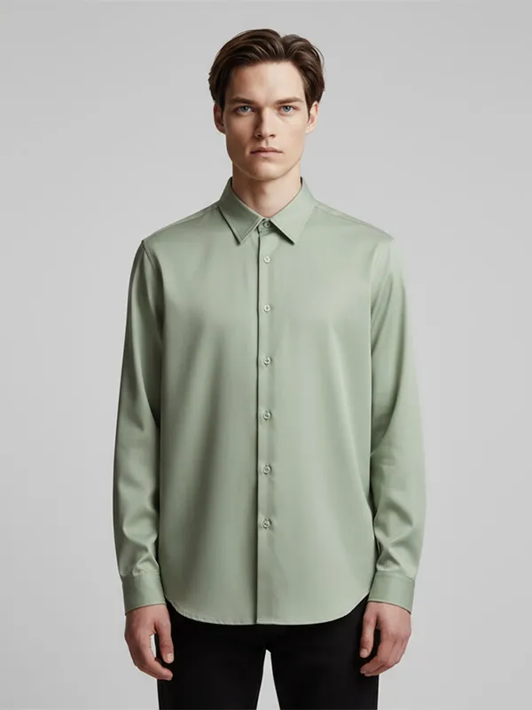 Custom Men's Sage Green Long-Sleeve Shirt: Smooth Texture, Minimalist Smart-Casual Design
