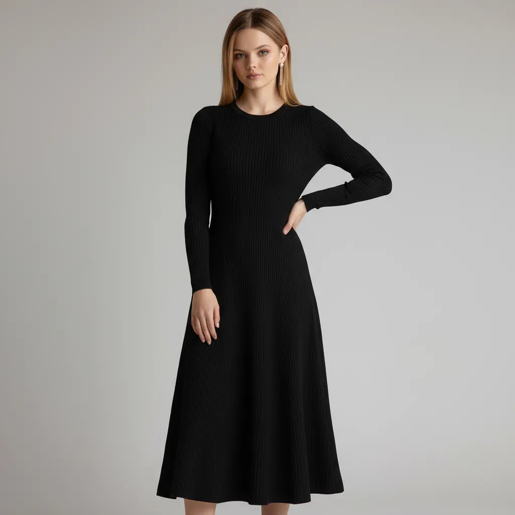 Women's Black Ribbed Knit Midi Dress: Long-Sleeve, Flared Silhouette, Elegant Casual Design