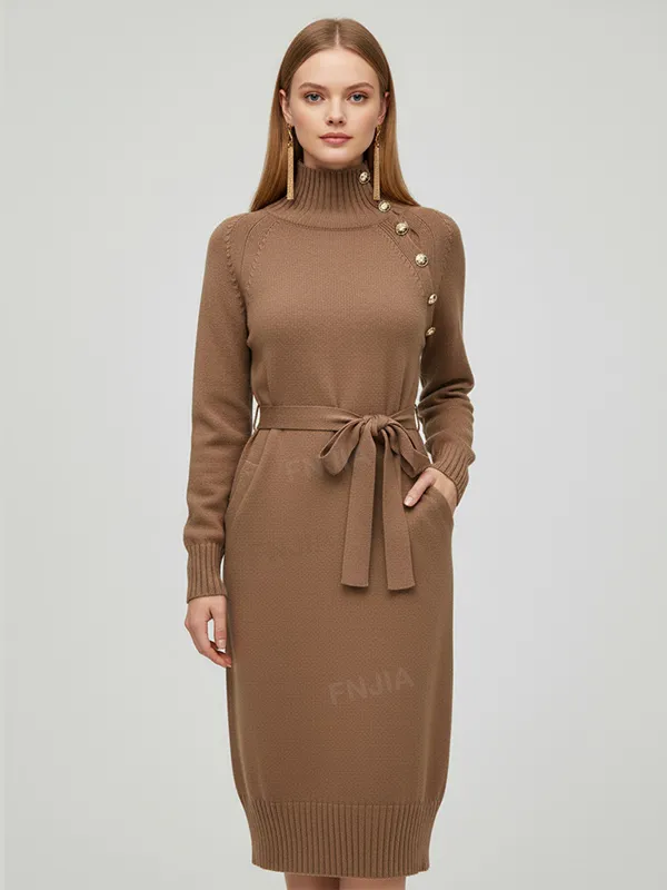 Women's Camel Knit Midi Dress: Turtleneck, Button Detail, Belted Silhouette