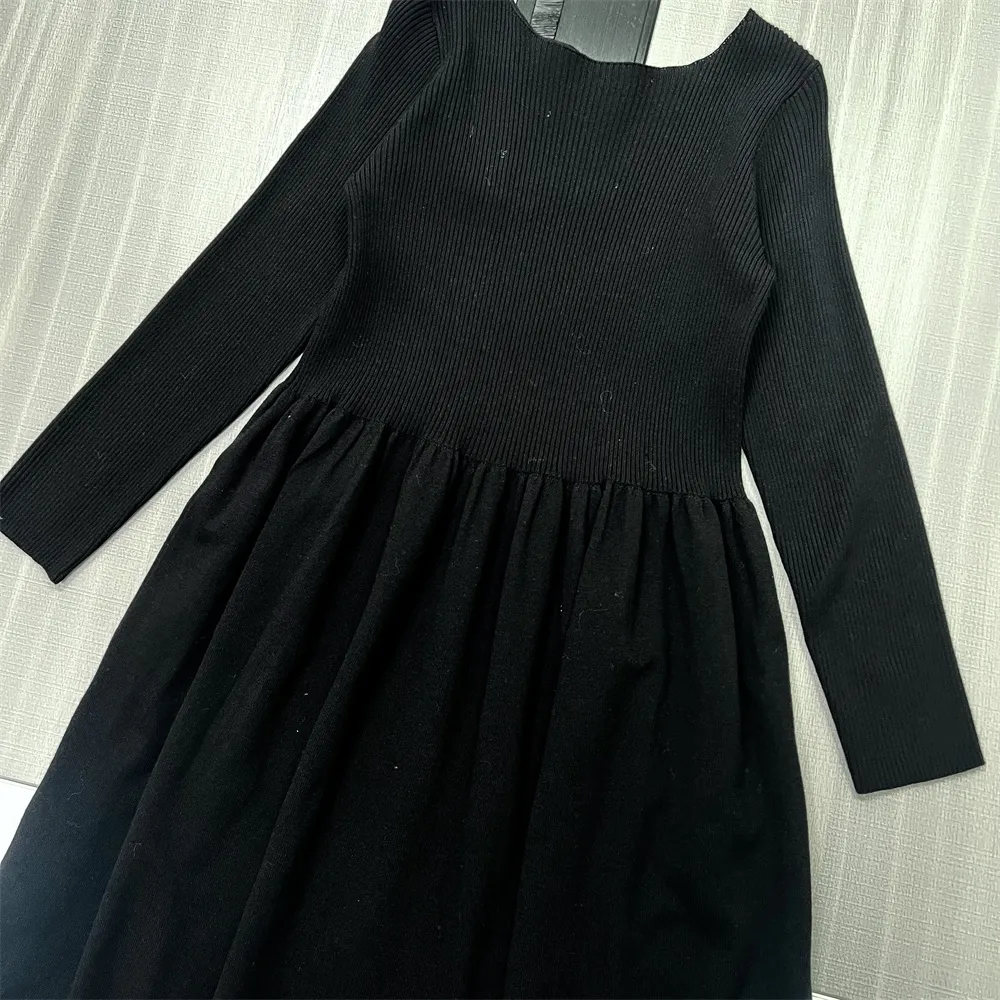 Women's Black Two-Tone Knit Maxi Dress: Long-Sleeve, Flared Skirt, Modern Casual Design
