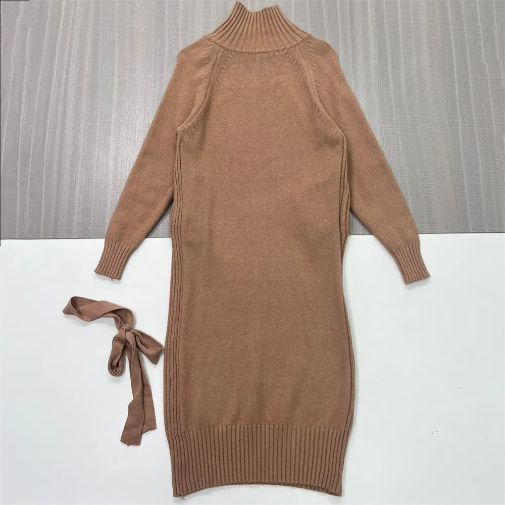 Women's Camel Knit Midi Dress: Turtleneck, Button Detail, Belted Silhouette