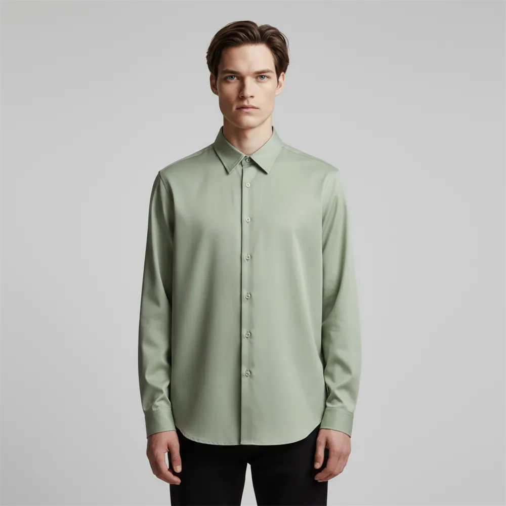 Custom Men's Sage Green Long-Sleeve Shirt: Smooth Texture, Minimalist Smart-Casual Design
