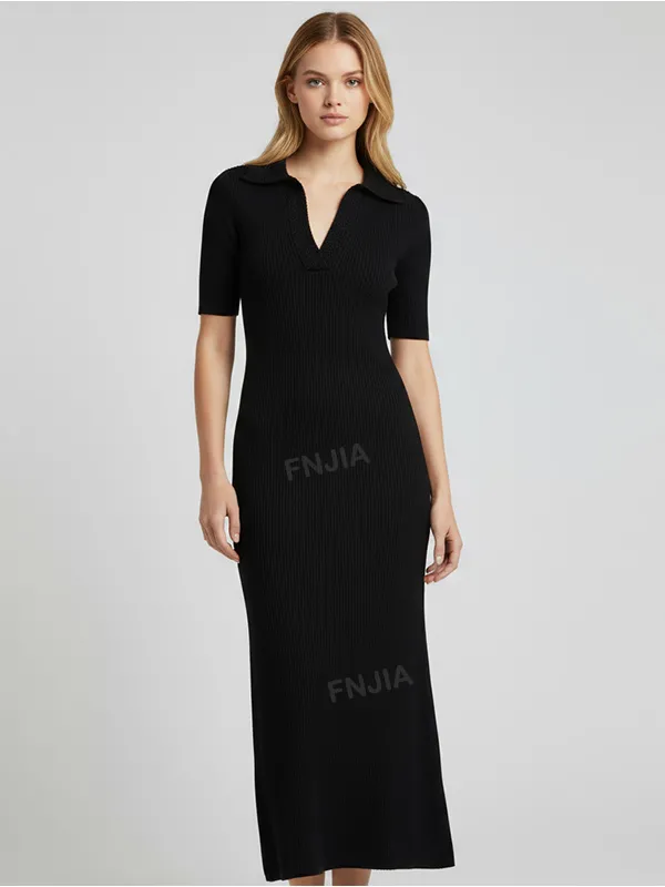 Women's Black Ribbed Polo Maxi Dress: Textured Collar, Slim-Fit, Elegant Casual Design