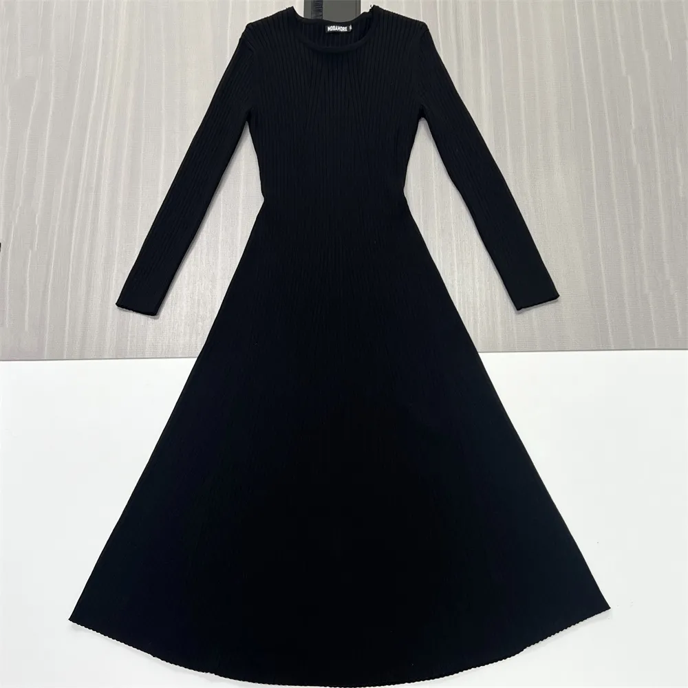 Women's Black Ribbed Knit Midi Dress: Long-Sleeve, Flared Silhouette, Elegant Casual Design