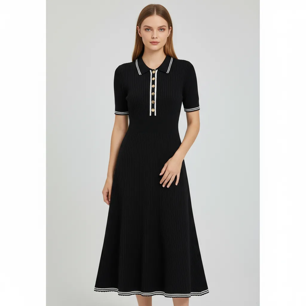 Women's Black Ribbed Midi Dress: Polo Collar, Pearl Buttons, Nautical-Casual Design