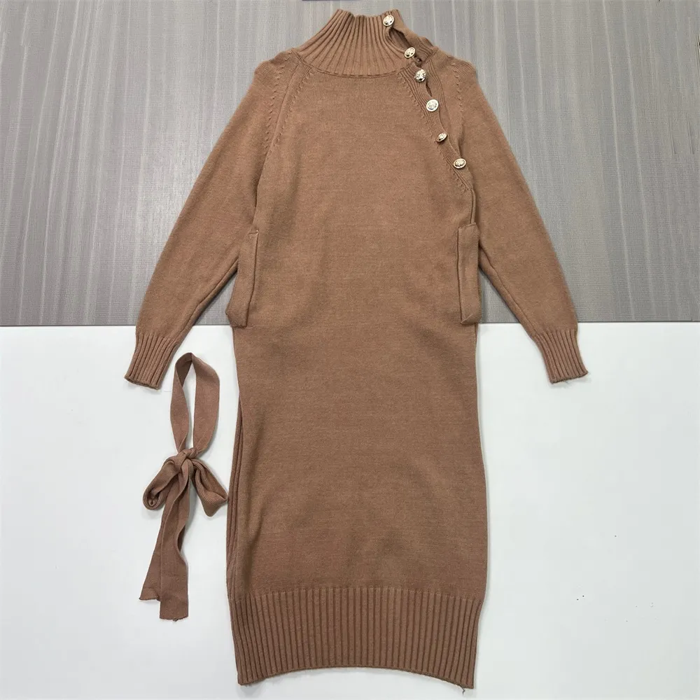 Women's Camel Knit Midi Dress: Turtleneck, Button Detail, Belted Silhouette