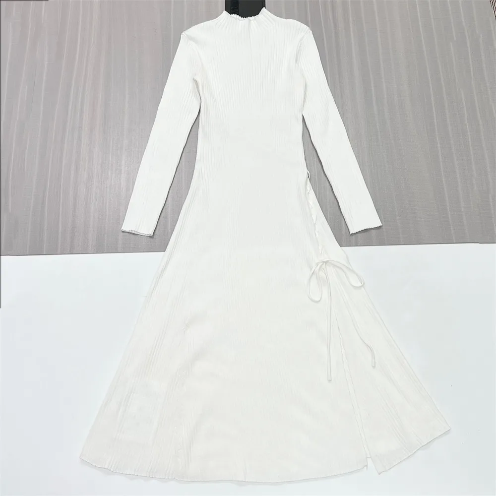 Women's White Ribbed Maxi Dress: Turtleneck, Tie-Slit Detail, Elegant Formal-Casual Design