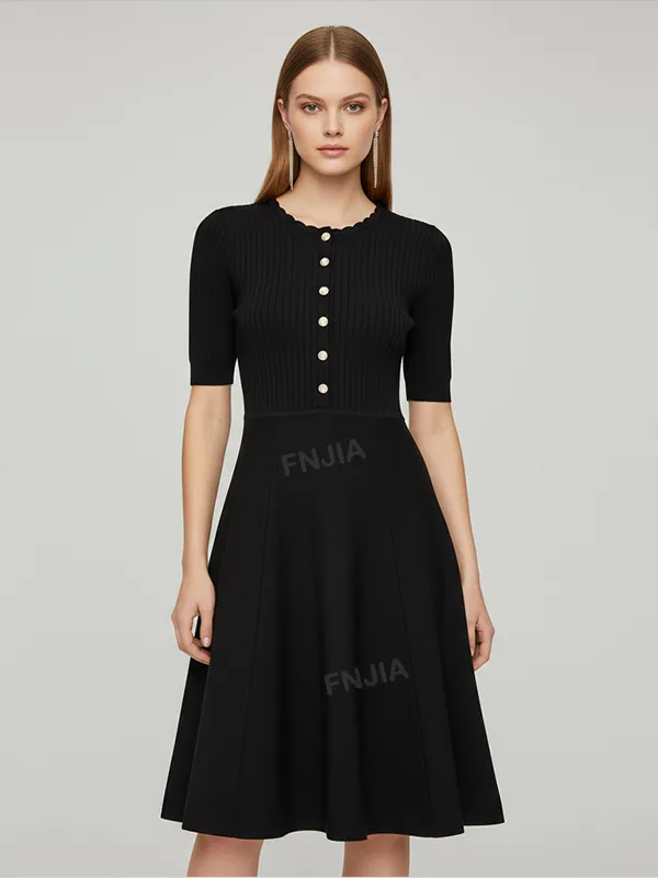 Women's Black Ribbed Midi Dress: Pearl Buttons, Puff Sleeves, Elegant Casual Design