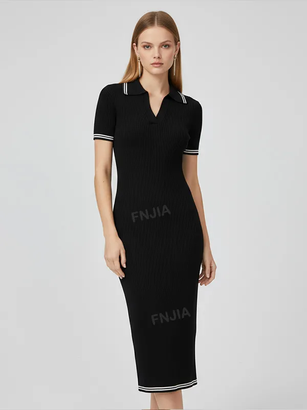Women's Black Polo Midi Dress: Ribbed, Slim-Fit, Nautical-Trim Casual Design