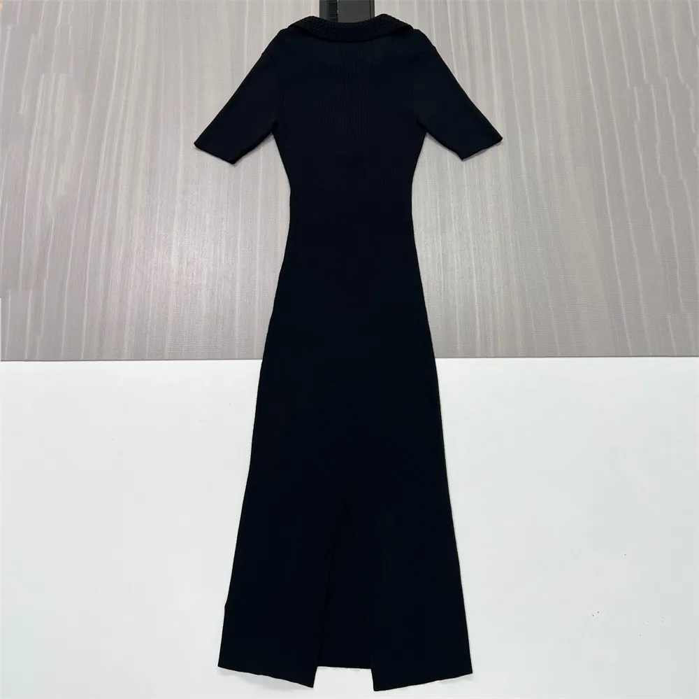 Women's Black Ribbed Polo Maxi Dress: Textured Collar, Slim-Fit, Elegant Casual Design