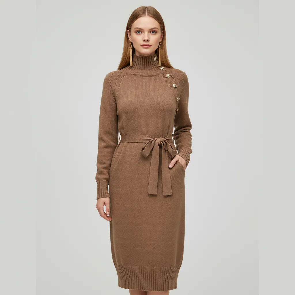 Women's Camel Knit Midi Dress: Turtleneck, Button Detail, Belted Silhouette