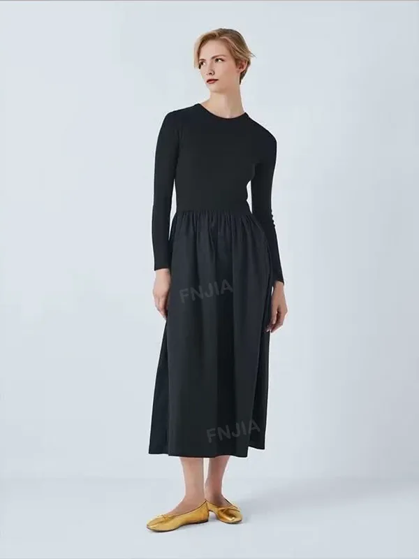 Women's Black Two-Tone Knit Maxi Dress: Long-Sleeve, Flared Skirt, Modern Casual Design