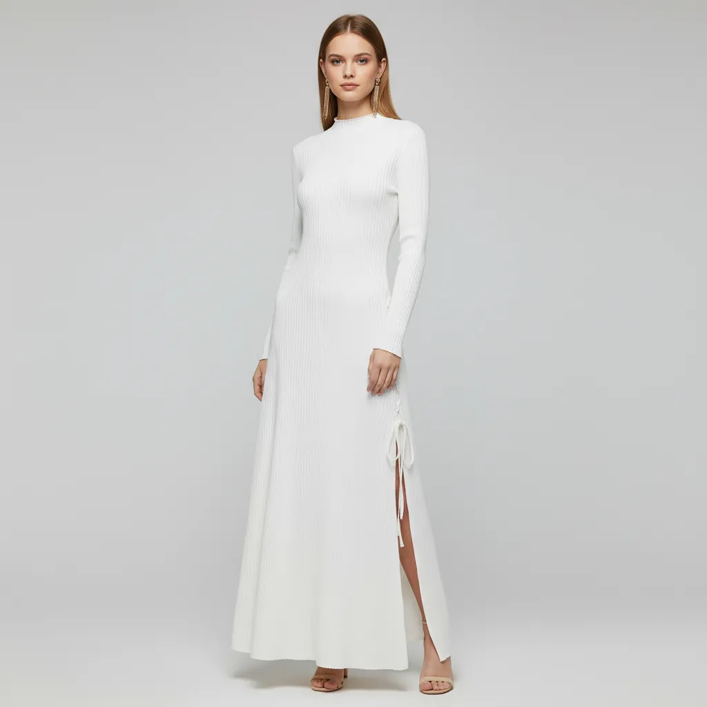 Women's White Ribbed Maxi Dress: Turtleneck, Tie-Slit Detail, Elegant Formal-Casual Design