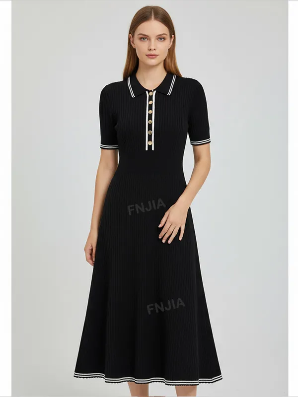 Women's Black Ribbed Midi Dress: Polo Collar, Pearl Buttons, Nautical-Casual Design