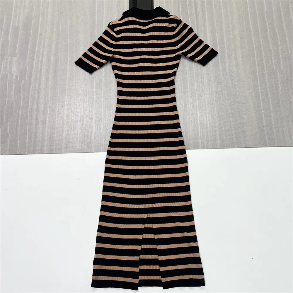 Women's Black & Camel Striped Polo Maxi Dress: Slim-Fit, Short-Sleeve, Retro-Casual Design