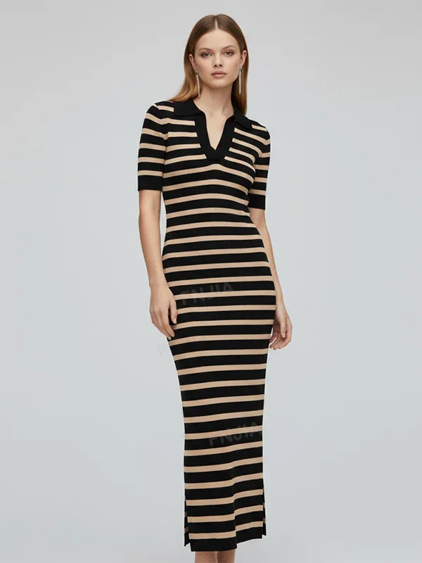 Women's Black & Camel Striped Polo Maxi Dress: Slim-Fit, Short-Sleeve, Retro-Casual Design
