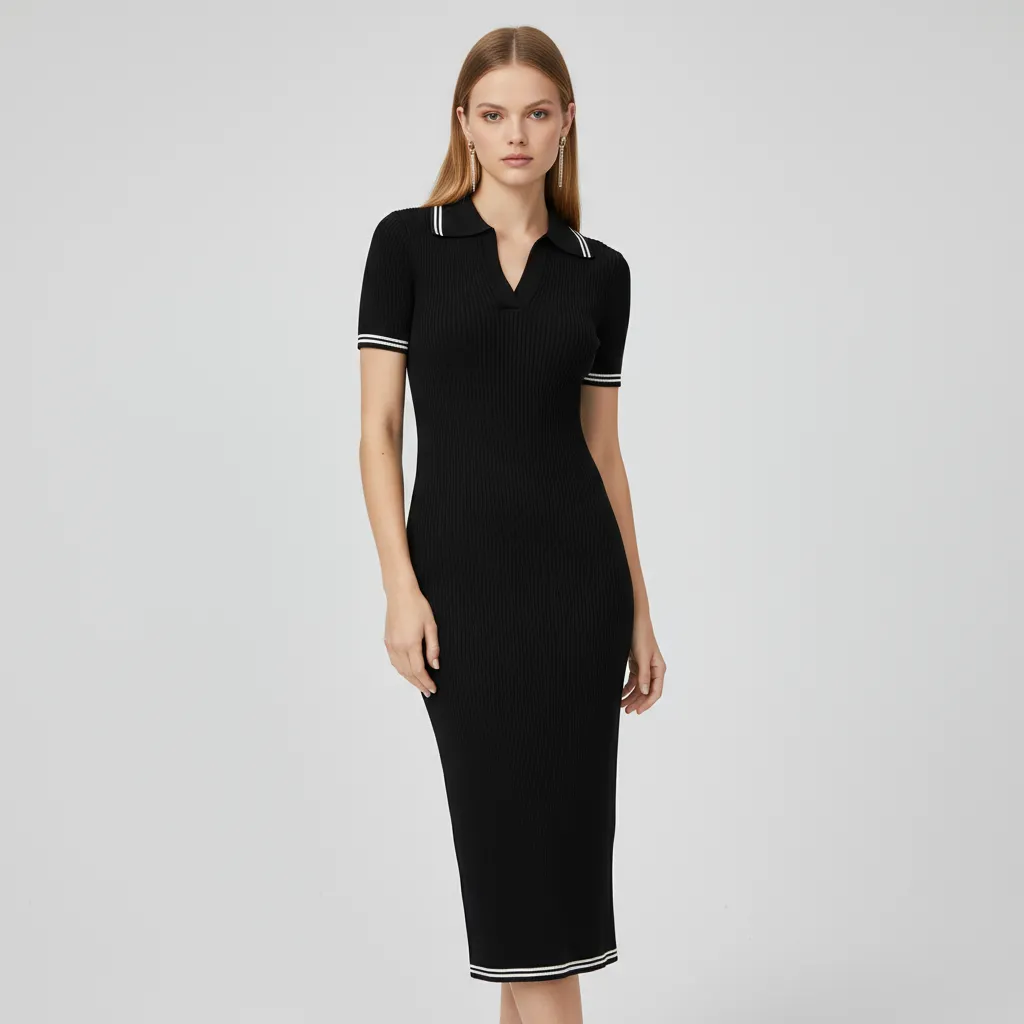 Women's Black Polo Midi Dress: Ribbed, Slim-Fit, Nautical-Trim Casual Design